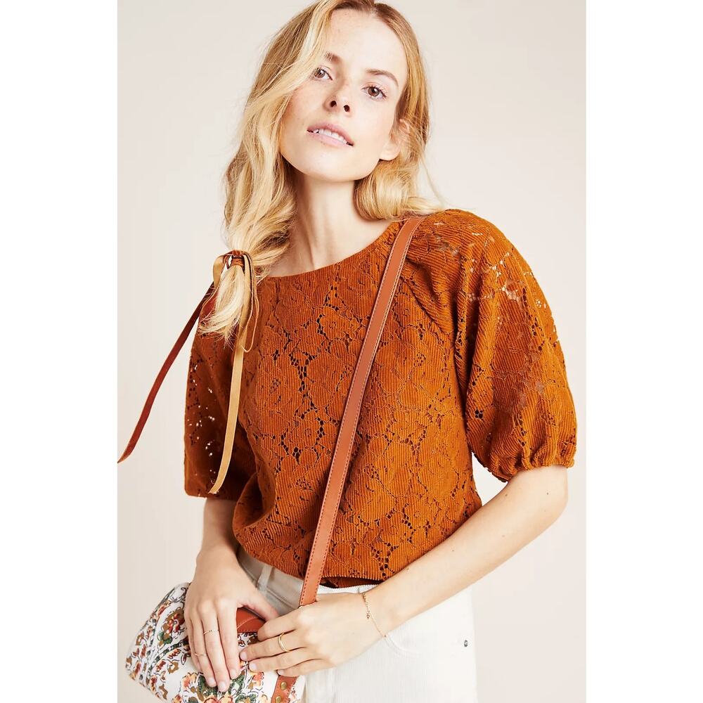 Dolan Anthropologie Norah Floral Corduroy Blouse Top Brown Burnt Orange XS New